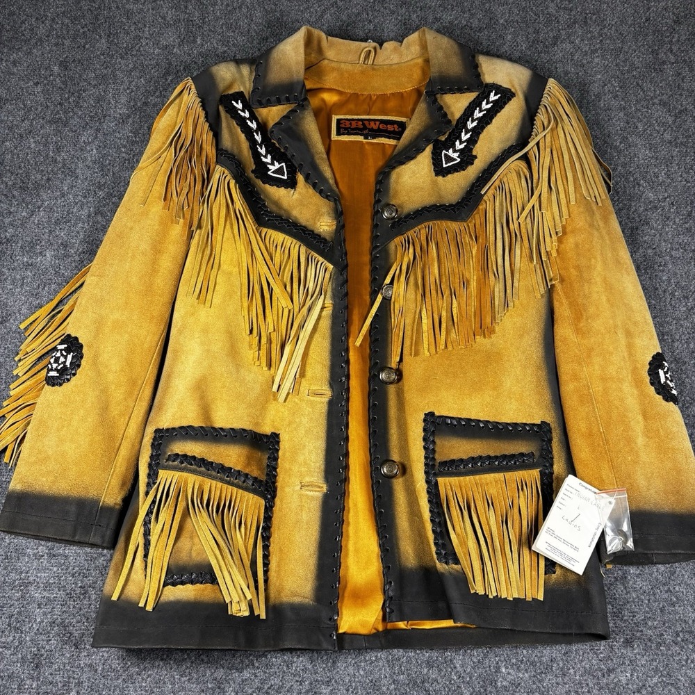 3B West Leather Fringe Jacket Womens L Tan Black Indian Eagle Western NWT